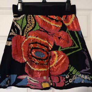 Desigual Black Floral Metallic A-Line Skirt | Bold Rose Print | M